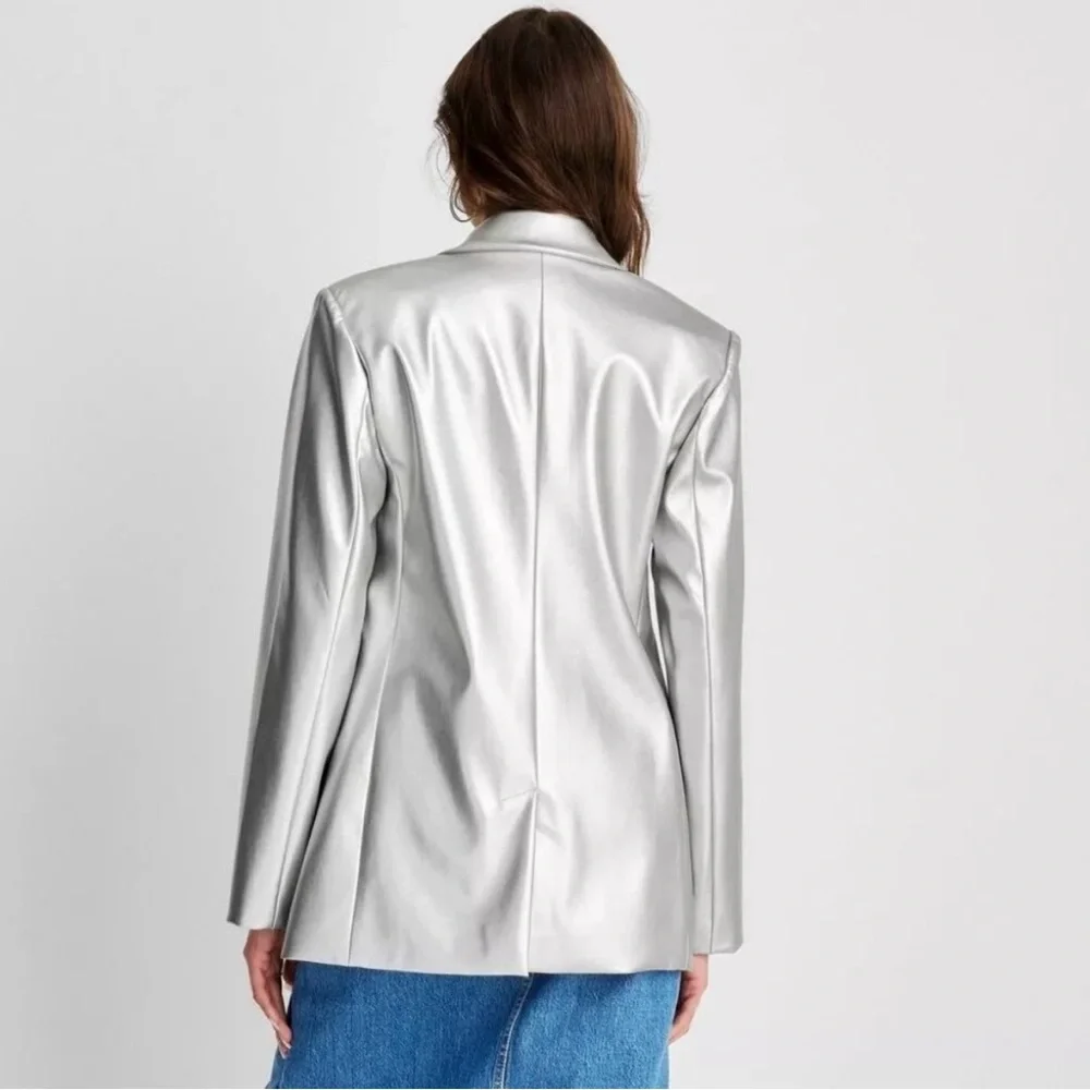 A New Day Silver Metallic Womens Blazer Jacket Faux Leather XL - Picture 2 of 7